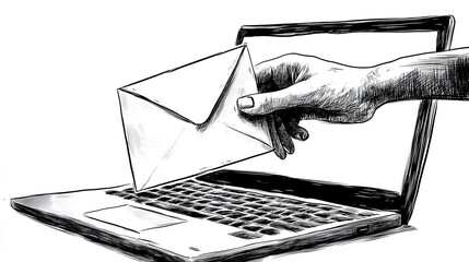 Poster - Blank and white hand takes out an envelope with a notification of an unread message from an open laptop.  Modern collage style. Illustration on white background Stock Illustration