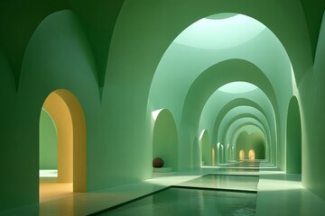 Aufkleber - Serene interior sanctuary with green arches and tranquil water reflections in a peaceful atmosphere