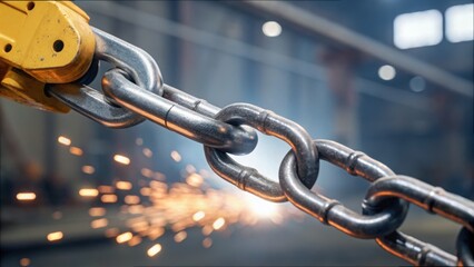 Poster - Close-Up of Metal Chain Link Being Welded by Robotic Arm in Factory