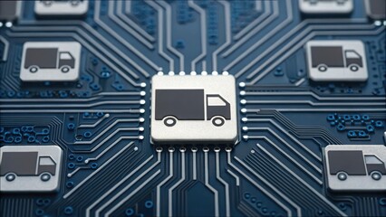 Poster - Embedded Cargo Truck Icons on Circuit Board Design for Technology