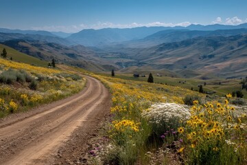 Poster - Scenic dirt road winding through vibrant wildflower fields in mountainous terrain during daylight hours