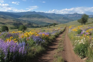 Aufkleber - Vibrant wildflower trail in Colorado's picturesque mountain landscape during summer