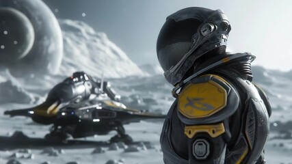Poster - futuristic astronaut exploring lunar landscape with advanced spacecraft in the background during day