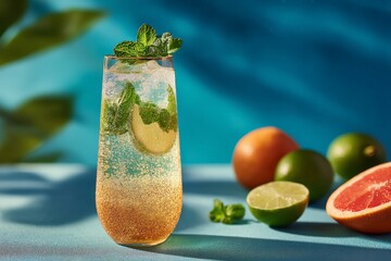 Poster - Refreshing cocktail with citrus fruits and mint on a vibrant blue background during a sunny afternoon