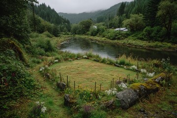 Aufkleber - Peaceful riverside clearing surrounded by lush greenery and wildflowers in a misty forested landscape