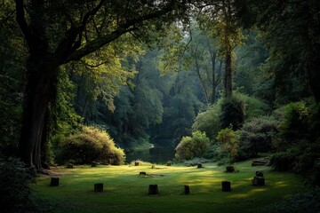 Poster - Tranquil forest clearing by a serene lake surrounded by lush trees in the late afternoon sunlight