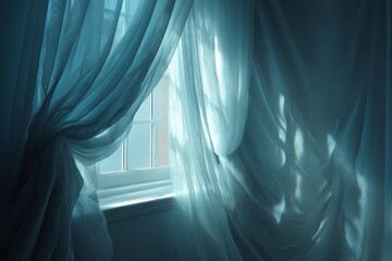 Poster - Soft morning light filtering through sheer curtains in a serene room atmosphere during early hours