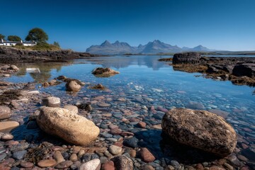 Aufkleber - Serene coastal landscape featuring clear waters and distant mountains in a tranquil setting