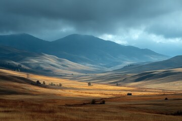 Aufkleber - Stunning panorama of golden fields under dramatic clouds in a serene valley landscape at dusk