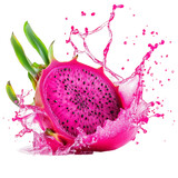 A vibrant dragon fruit with splashes of pink liquid, showcasing freshness and vitality.