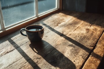 Aufkleber - Warm cup of coffee placed on rustic wooden table beside window with sunny shadows highlighting its surface