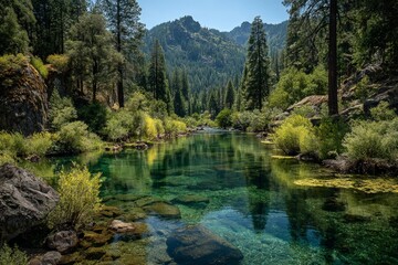 Poster - Serene forest river flowing through lush greenery on a bright summer day