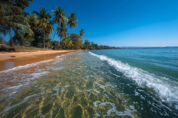 Poster - Calm waves gently lap against the sandy shore under a clear blue sky at tropical beach