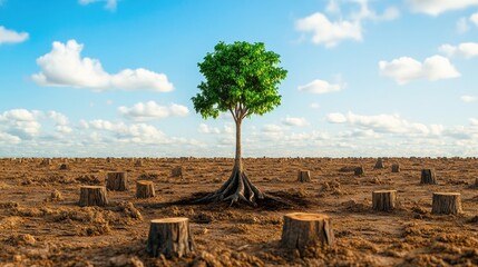 Poster - A lone tree standing in a deforested landscape, surrounded by stumps and dry soil