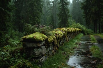 Poster - Lush green moss-covered stone wall beside a rain-soaked path in a serene forest setting