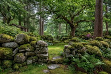 Poster - Moss-covered stones lead into a serene green woodland sanctuary filled with lush flora and towering trees