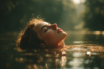 Aufkleber - Young woman relaxes in serene water surrounded by nature during golden hour