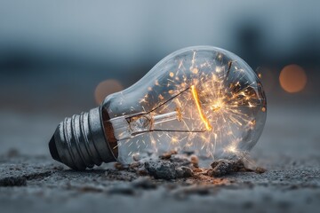 Aufkleber - Sparkling light bulb on cracked ground creates captivating glow at dusk in an urban setting