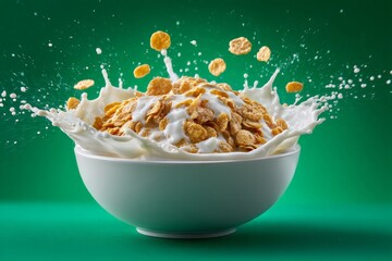Poster - Cereal splashing with milk in a bowl against a vibrant green background