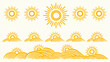 © Seth - Golden sun icons and sun rising over hills in a row, decorative sunny border with yellow elements design