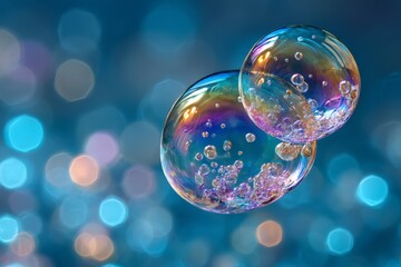 Poster - Bubbles float gracefully against a shimmering blue background during a tranquil moment of beauty and wonder