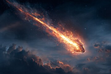 Aufkleber - Bright meteor streaks through a dark night sky over billowing clouds during celestial event