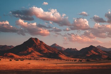 Aufkleber - Sunset over rugged mountains with expansive plains under a colorful sky in the evening