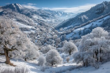 Poster - Snow-covered valley with frosted trees in a picturesque winter landscape at dawn