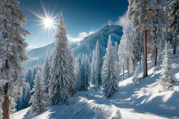 Poster - Snow-covered mountain landscape with tall evergreen trees under bright sunlight in winter