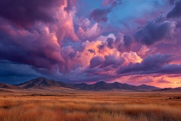 Poster - Vibrant sunset over an expansive grassland with dramatic clouds in a mountainous landscape