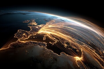 Poster - Visual representation of global connectivity over Europe showcasing illuminated cities and data paths in the night sky
