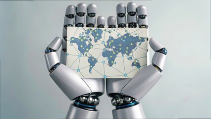 Poster - Robotic Hands Holding Miniature Map of Global Logistics Network