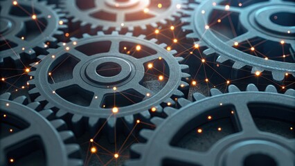 Poster - Interlocking Gears with Glowing Lights Creating a Dynamic Effect