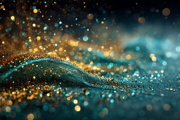 Leinwandbilder - Capture of shimmering particles creating a magical wave-like effect in turquoise and gold hues during a creative artistic display