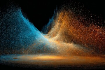 Poster - Abstract digital art depicting vibrant waves of blue and orange particles in a cosmic landscape at night