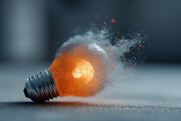 Poster - Dynamic explosion of a light bulb creating vivid sparks and dust in a modern studio environment at dusk