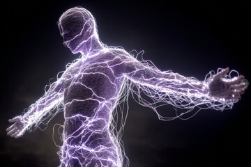 Fototapete - Dynamic representation of energy flowing through a human form against a dark background