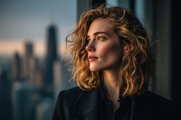 Poster - Woman gazes thoughtfully at the city skyline during sunset from a high-rise building