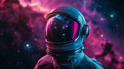 Poster - Captivating space explorer wearing a futuristic helmet reflecting galaxies in vibrant cosmic colors