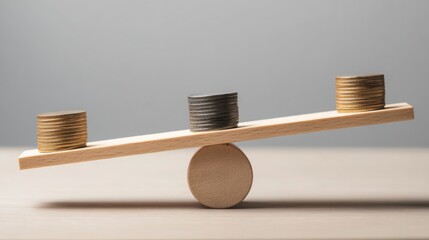 Poster - A wooden balance scale with coins demonstrating financial equilibrium and value assessment in economic contexts
