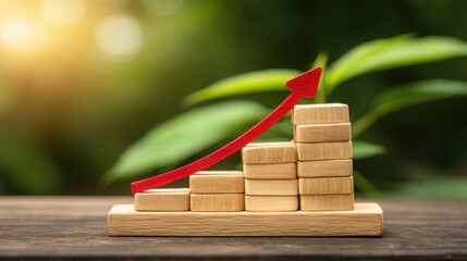 Poster - Single wooden block with a bright red arrow symbolizing growth and direction in economic forecasting