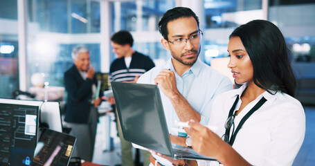 Poster - People, developer and manager on laptop in office of programming, coding training and check server. Team, mentor and helping with app testing, IT intern and web application and troubleshooting system