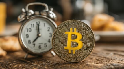 Poster - clock and bitcoin coin combination representing blockchain-hosted fibonacci extension scheduling con