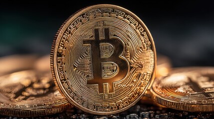 Poster - Glimmering bitcoin coin positioned on a solid surface symbolizing digital currency and innovations in financial technology