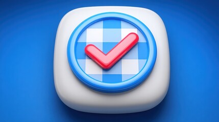 Poster - blue and white button featuring a prominent red tick mark representing progressive taxation adherenc