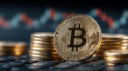 Poster - bitcoin coin resting on a laptop displaying digital asset accumulation and distribution model in blo