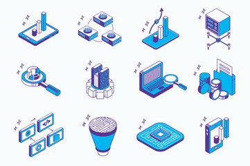 Fototapete - Big data analysis concept 3d isometric icons set for web isometry design. Collection elements of statistics charts, computing hardware system, research, diagram, storage, more. Vector illustration.