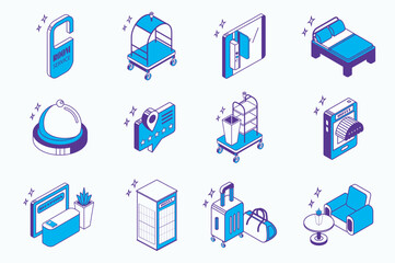 Aufkleber - Hotel infrastructure concept 3d isometric icons set for web isometry design. Collection elements of room service, door key, bed, restaurant, rating, cleaning, online booking, more. Vector illustration