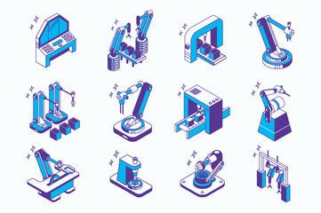 Aufkleber - Robotization industry concept 3d isometric icons set for web isometry design. Collection elements of robots, robotic arms packaging, conveyor manufacturing, smart factory, more. Vector illustration.