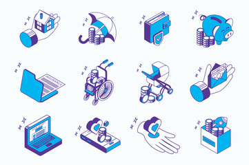 Poster - Social security concept 3d isometric icons set for web isometry design. Collection elements of mortgage home, insurance protection for money savings, disability, childbirth, more. Vector illustration.